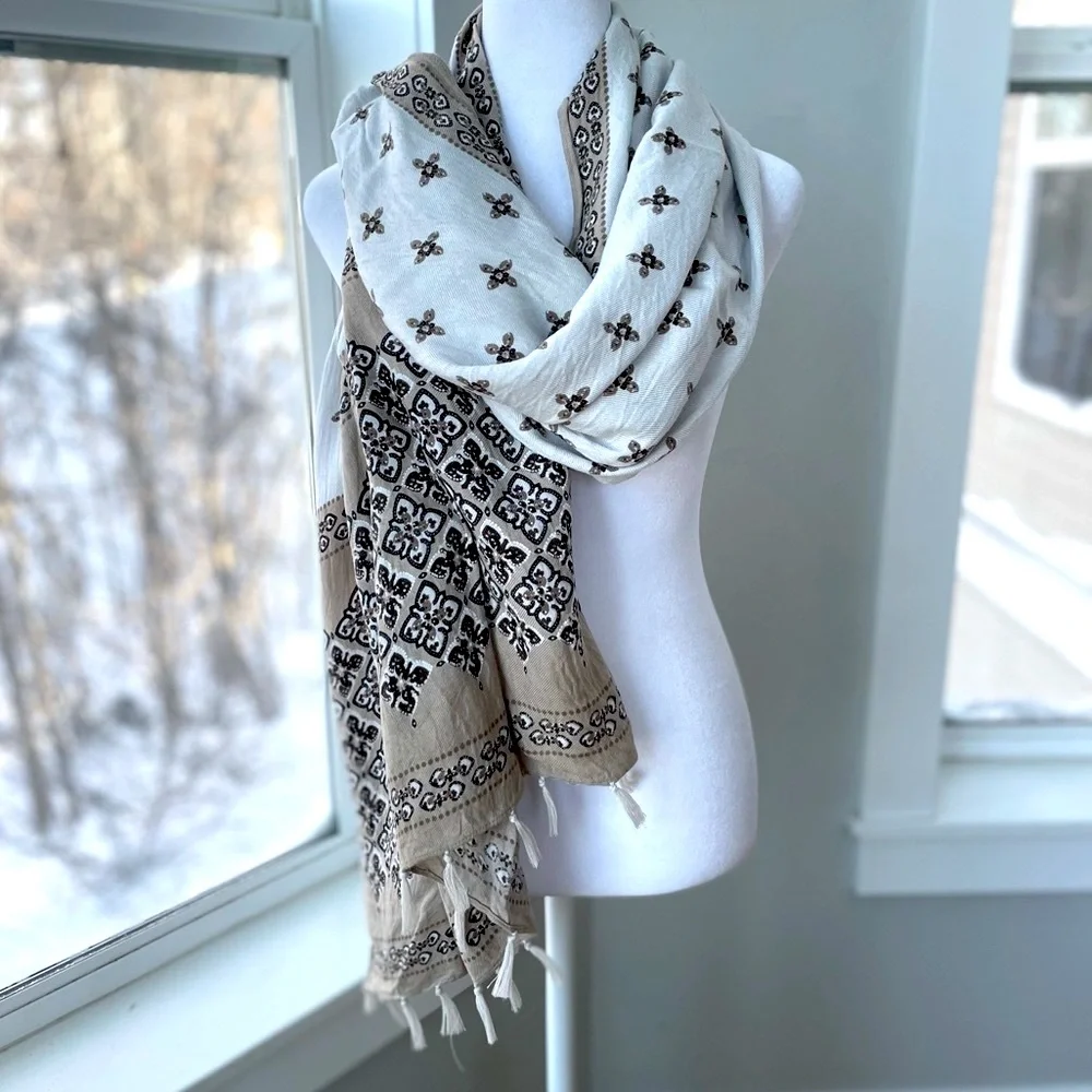 Vintage Tan White Brown Block Print Scarf with Fringe